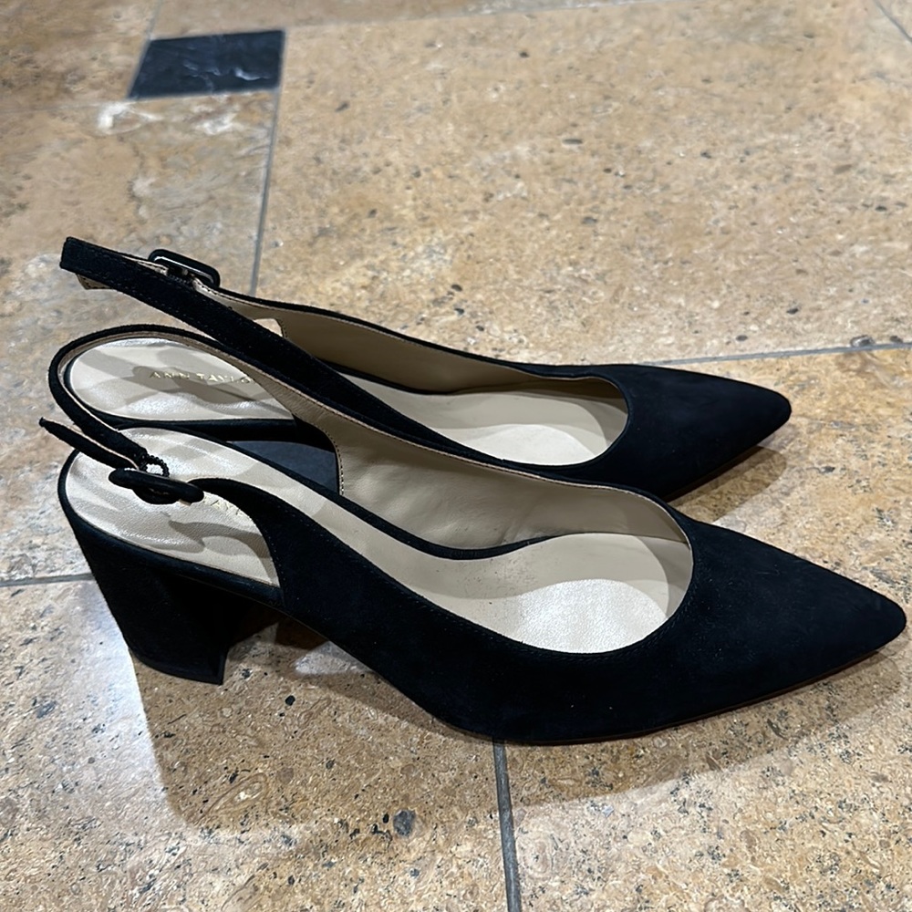 Ann Taylor block heel suede sling back shoes!